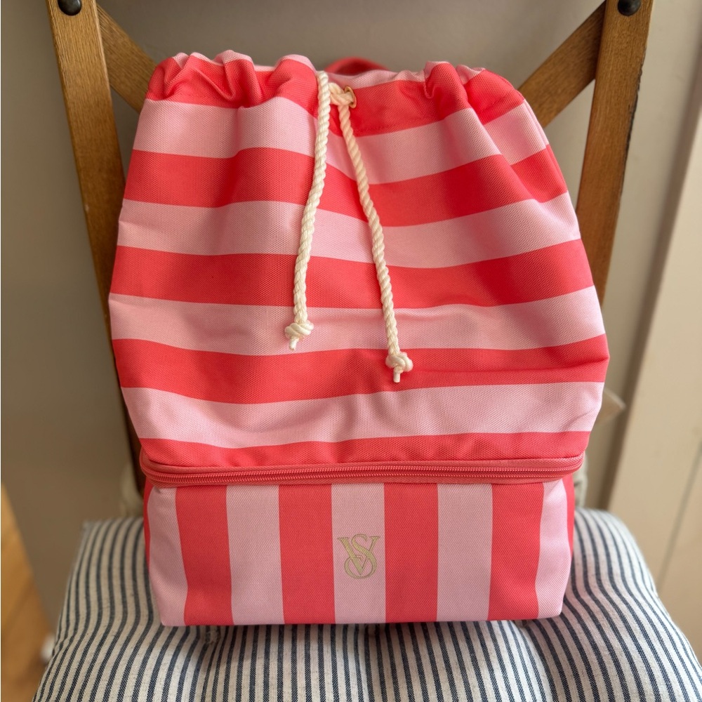 Victoria’s Secret Pink Coral Striped Drawstring Cooler Backpack NEW - Picture 4 of 14